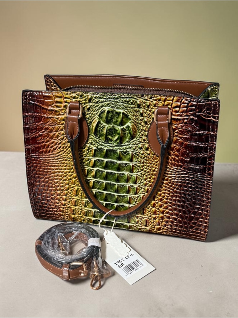 Croc-Embossed Gradient Tote Bag in Green & Brown * Vegan
